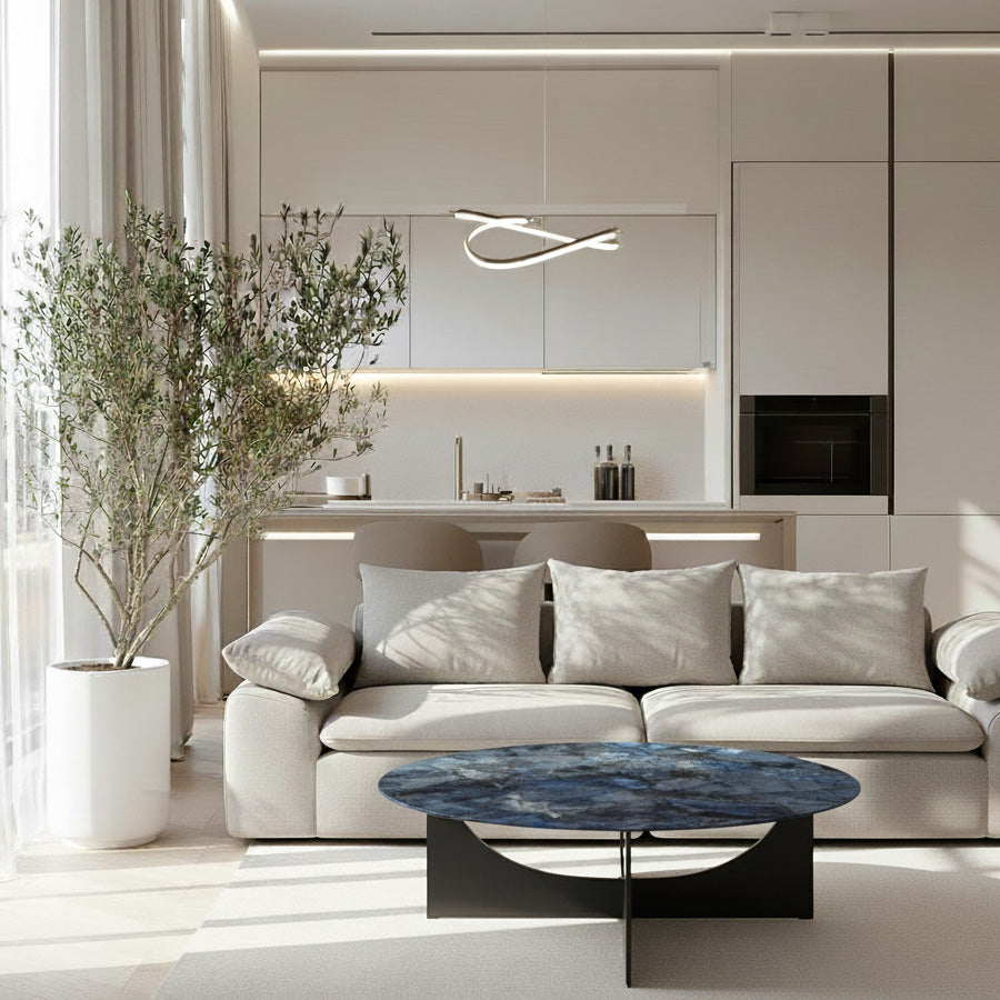 Sailith Modern Round Coffee Table – Sintered Stone Top with Curved Stainless Steel Base