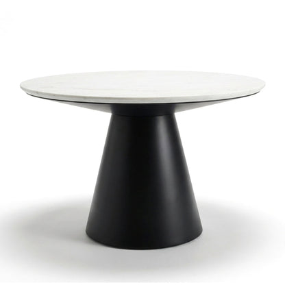 Bentrio Modern Dining Table – Snow Mountain White Sintered Stone & Matte Black Steel