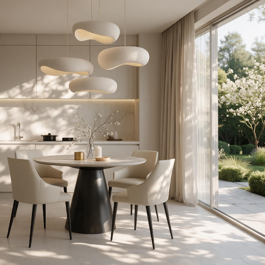 Bentrio Modern Dining Table – Snow Mountain White Sintered Stone & Matte Black Steel