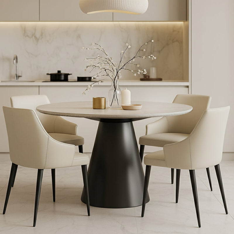 Bentrio Modern Dining Table – Snow Mountain White Sintered Stone & Matte Black Steel