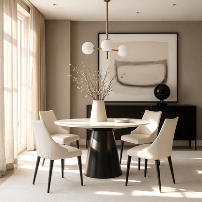 Bentrio Modern Dining Table – Snow Mountain White Sintered Stone & Matte Black Steel
