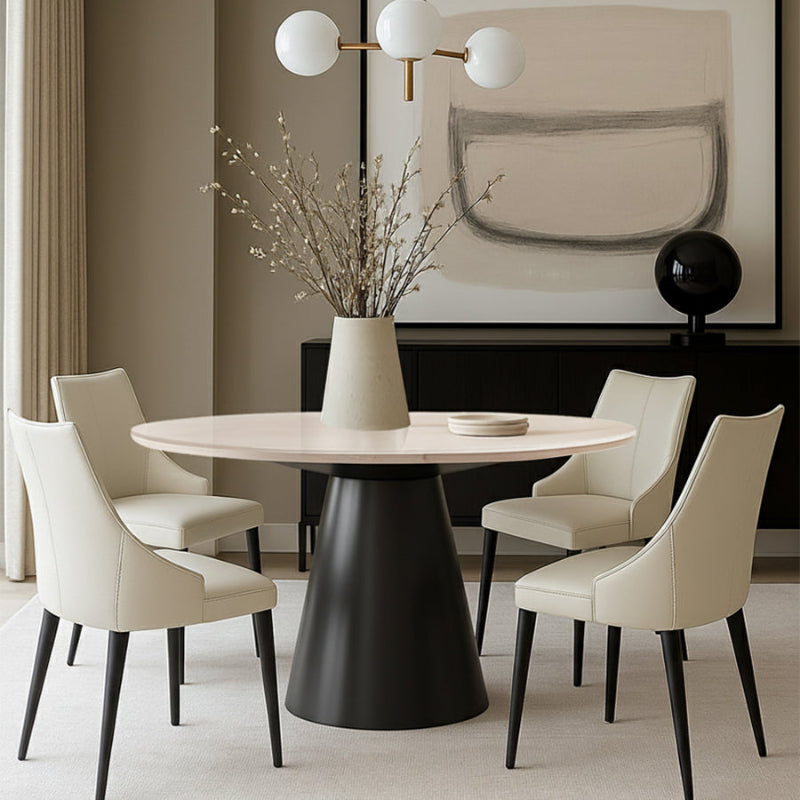 Bentrio Modern Dining Table – Snow Mountain White Sintered Stone & Matte Black Steel