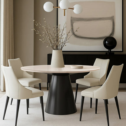 Bentrio Modern Dining Table – Snow Mountain White Sintered Stone & Matte Black Steel
