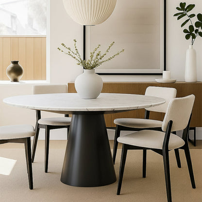 Bentrio Modern Dining Table – Snow Mountain White Sintered Stone & Matte Black Steel