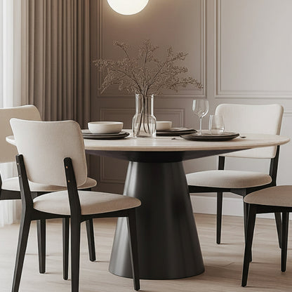 Bentrio Modern Dining Table – Snow Mountain White Sintered Stone & Matte Black Steel
