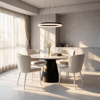 Bentrio Modern Dining Table – Snow Mountain White Sintered Stone & Matte Black Steel