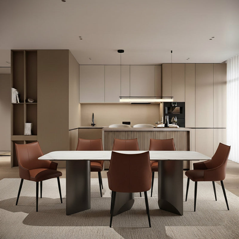 BVEL dining table shown with six matching modern faux leather chairs in a full dining room setup, creating a comfortable and contemporary seating area.