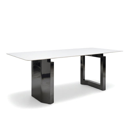Side-angle perspective of HUXI dining table showing the proportions and black mirror-finish frame details.