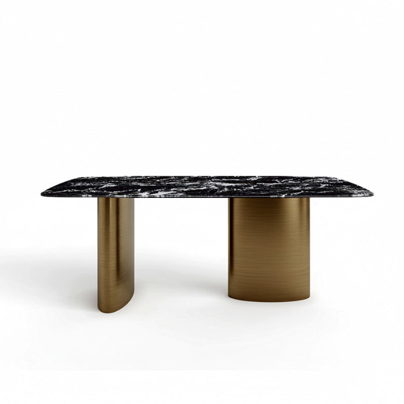 Front view of the luxury MIVANO dining table with a dramatic Bulgari Black Sintered Stone top showing gold lightning veins, contrasting with the Antique Bronze metal base on a white background.