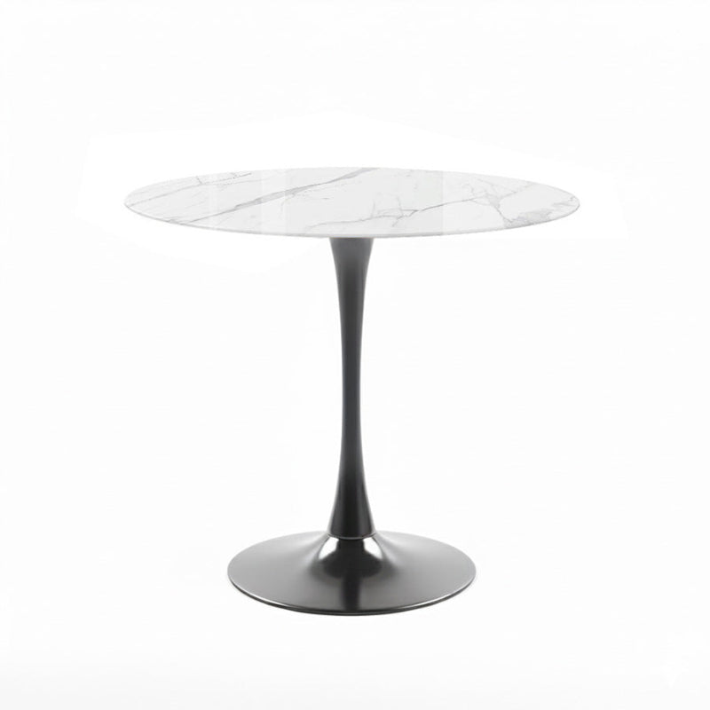 TULIP 90CM Round Dining Table. High-gloss Snow Mountain White ceramic tabletop with a matte grey stainless steel pedestal base, shown on a white background.