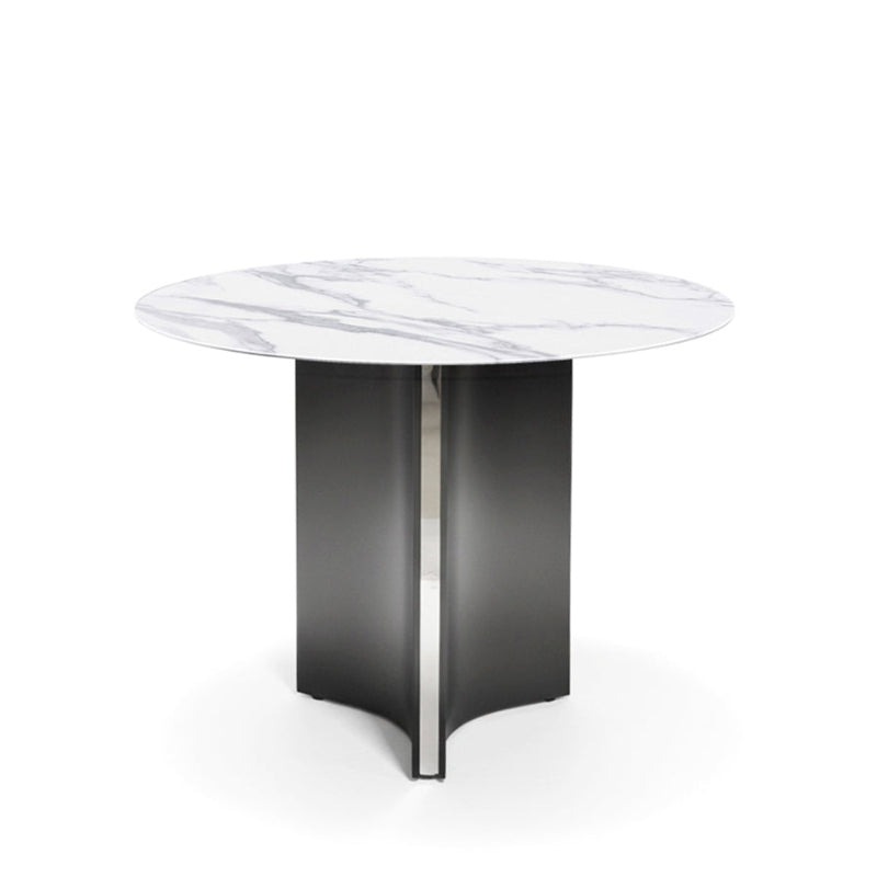Front view of the LUMARA 90cm (35.5in) round dining table with a snow mountain white marble-pattern sintered stone top on a white background.