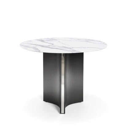 Front view of the LUMARA 90cm (35.5in) round dining table with a snow mountain white marble-pattern sintered stone top on a white background.
