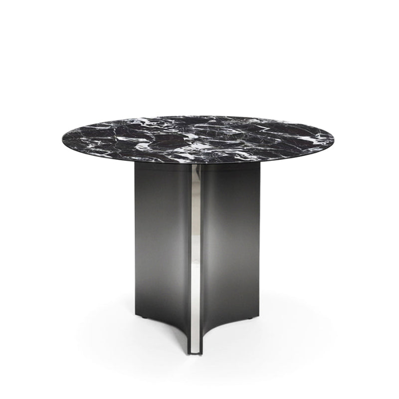 Front view of the LUMARA 90cm (35.5in) round dining table featuring a bulgary black marble-pattern sintered stone top on a white background.