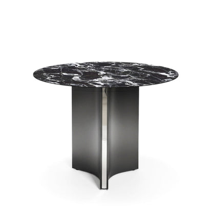 Front view of the LUMARA 90cm (35.5in) round dining table featuring a bulgary black marble-pattern sintered stone top on a white background.