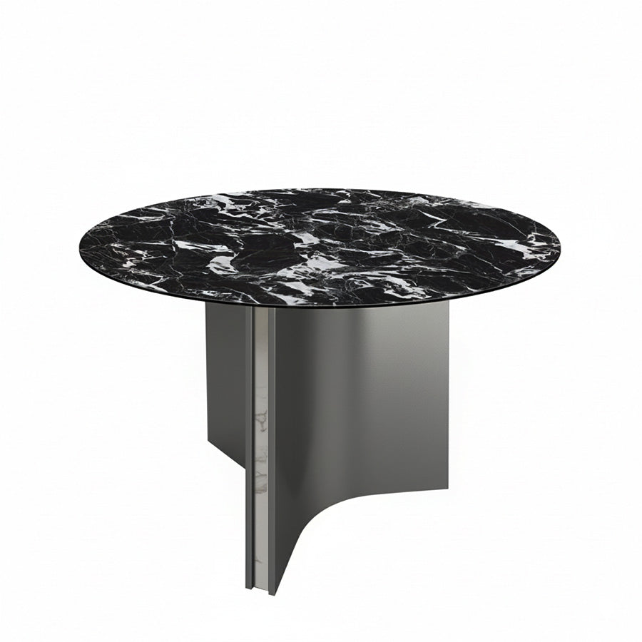 Lumara 47-inch round sintered stone dining table perspective view, black marble top with gray stainless steel legs