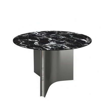 Lumara 47-inch round sintered stone dining table perspective view, black marble top with gray stainless steel legs