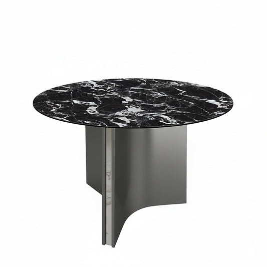 Lumara 47-inch round sintered stone dining table perspective view, black marble top with gray stainless steel legs