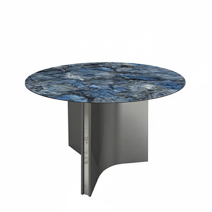Lumara 47-inch round sintered stone dining table perspective view, blue marble top with gray stainless steel legs