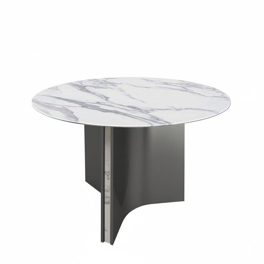 Lumara 47-inch round sintered stone dining table perspective view, white marble top with gray stainless steel legs