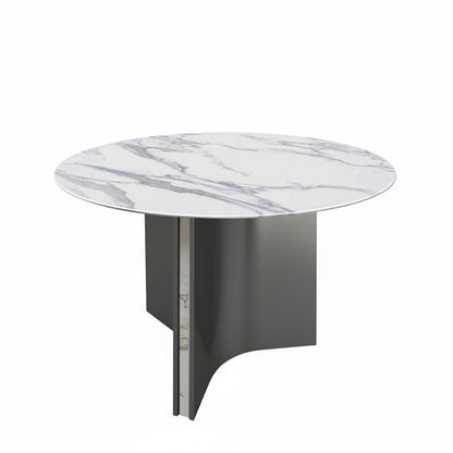 Lumara 47-inch round sintered stone dining table perspective view, white marble top with gray stainless steel legs