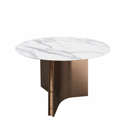 Lumara 47-inch round sintered stone dining table perspective view, white marble top with bronze stainless steel legs