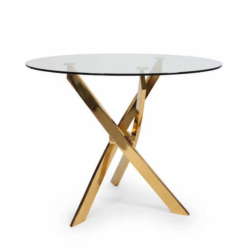 TRINITY modern minimalist round glass dining table with a 39-inch clear glass top and golden mirror-finish stainless steel base, studio white background.