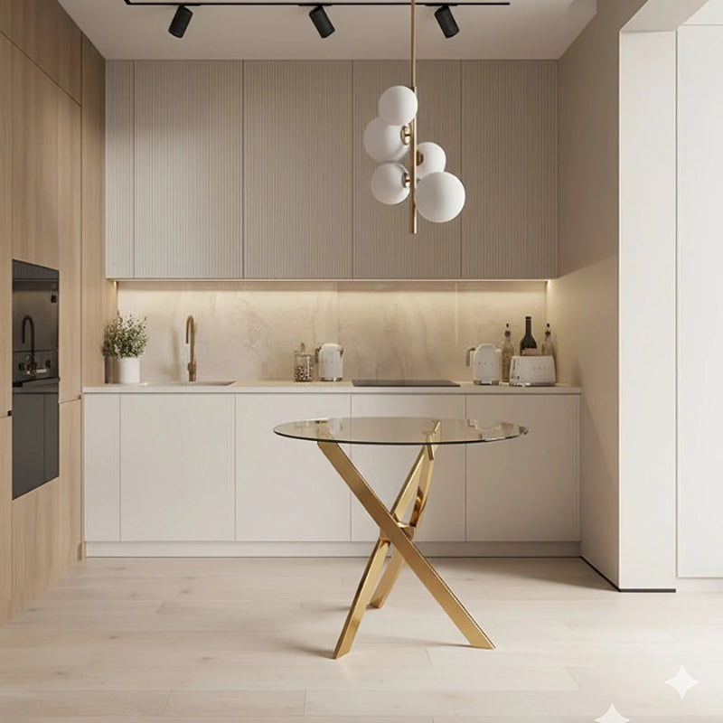 TRINITY round glass dining table styled in a modern kitchen setting, showcasing its clear 39-inch glass top and contemporary gold mirror-finish stainless steel base.