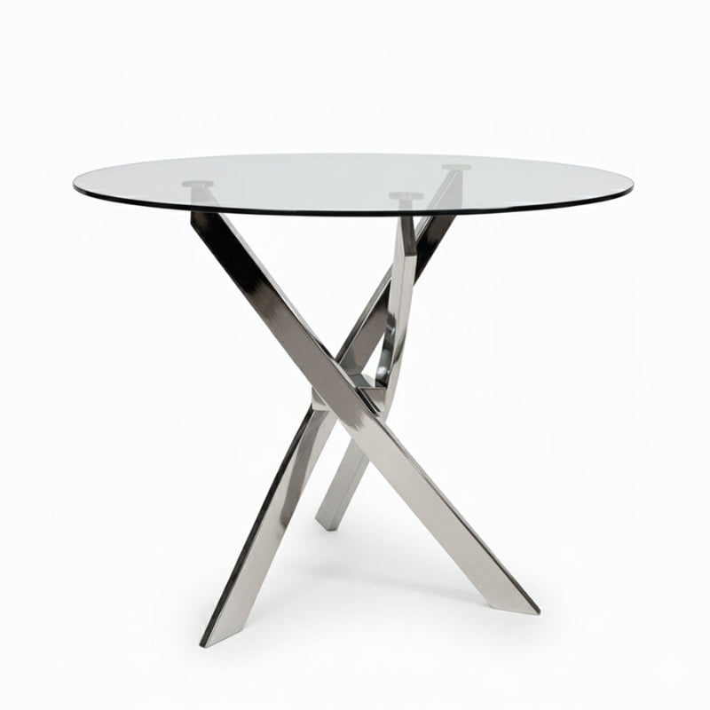 TRINITY modern minimalist round glass dining table with a 39-inch clear glass top and mirror-finish stainless steel base, studio white background.