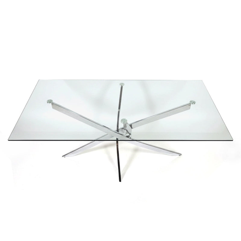 Top-down view of the VERDIS modern minimalist glass dining table with tempered glass top and mirror stainless-steel cross base