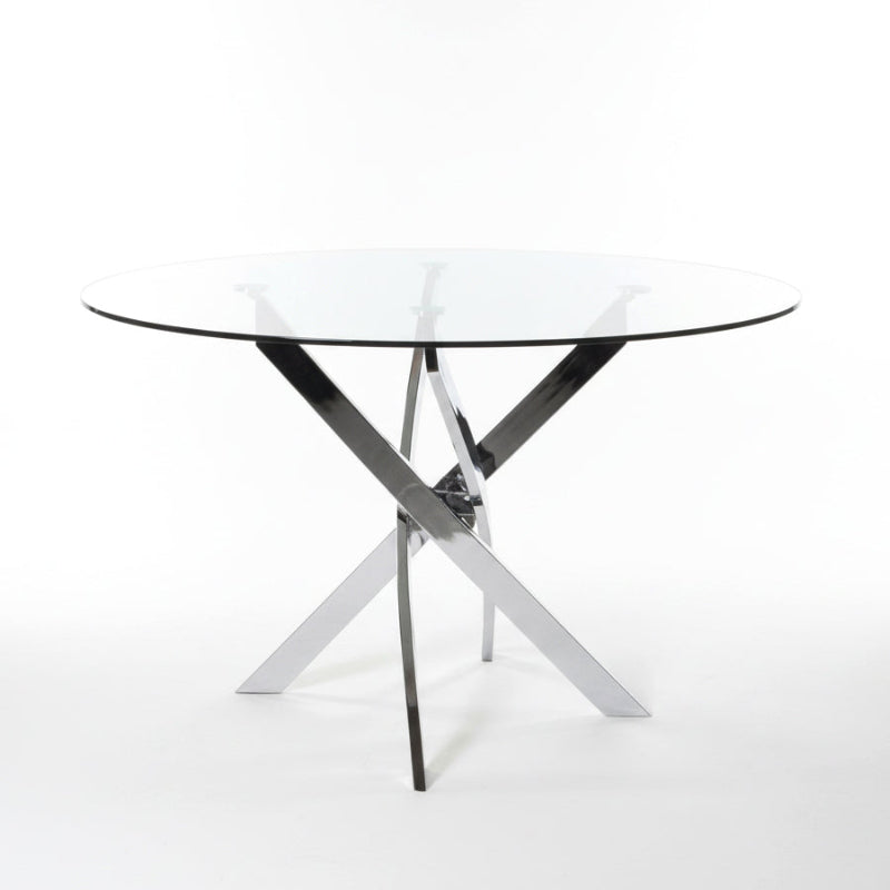 Front angled view of the VERDIS modern round glass dining table showcasing the tempered glass top and mirror stainless-steel cross-frame base