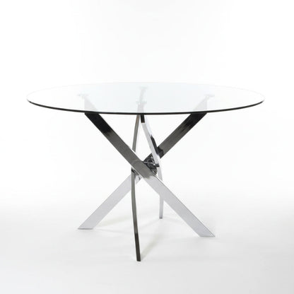 Front angled view of the VERDIS modern round glass dining table showcasing the tempered glass top and mirror stainless-steel cross-frame base