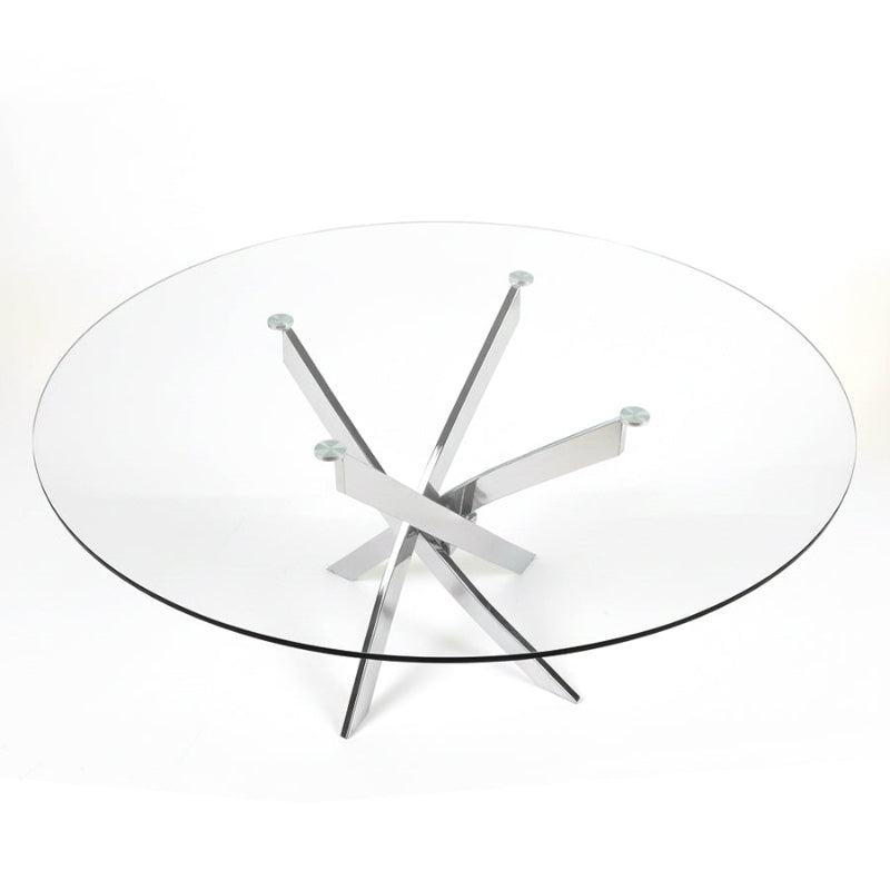 Top-down view of the VERDIS modern minimalist glass dining table with tempered round glass top and mirror stainless-steel cross base