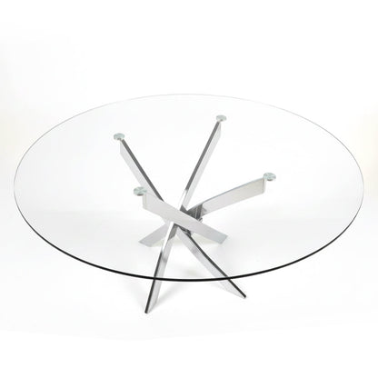 Top-down view of the VERDIS modern minimalist glass dining table with tempered round glass top and mirror stainless-steel cross base
