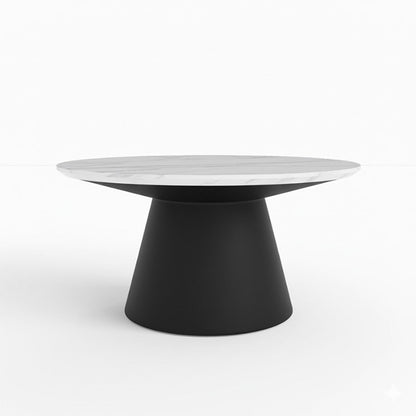 Bentrio 32-inch round coffee table with white sintered stone top and matte black stainless steel base, product image on white background