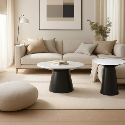 Bentrio coffee table set with 20-inch side table and 32-inch main table, both with matte black stainless steel bases, arranged in front of a sofa for a stylish living room look