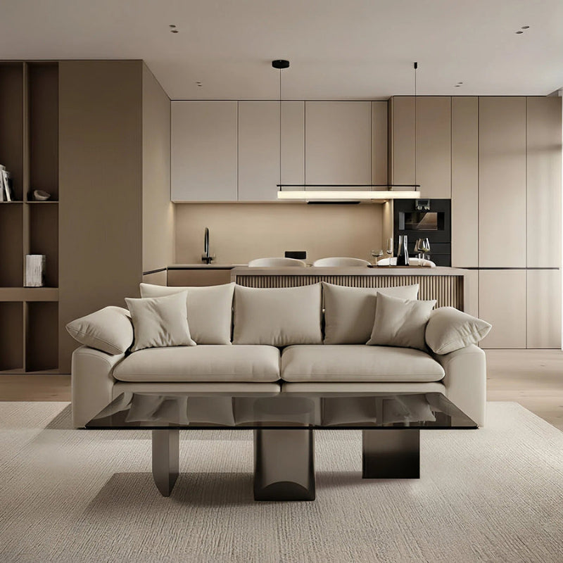 BVEL Modern Glass Table Collection – Grey Tempered Glass with Matte Grey Sculptural Legs