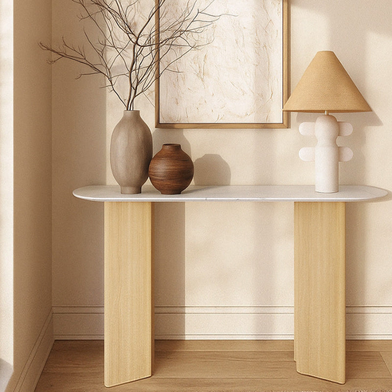 TRIVARA Modern Console Table – Sintered Stone Top & Oak Wood Veneer Base