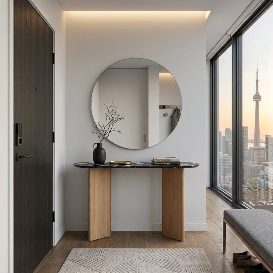TRIVARA Modern Console Table – Sintered Stone Top & Oak Wood Veneer Base