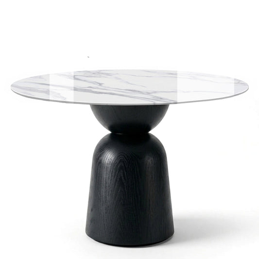 BARRILO Sculptural Round Sintered Stone Dining Table with Wood Pedestal Base