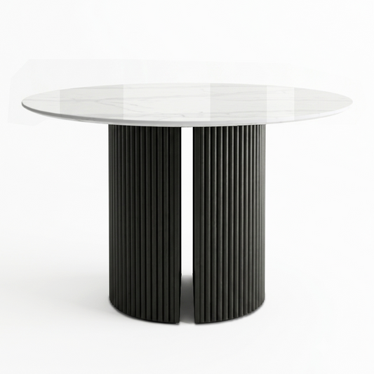 PILASTRA Modern Round or Racetrack-shaped Dining Table with Fluted Oak Base