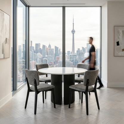 PILASTRA Modern Round or Racetrack-shaped Dining Table with Fluted Oak Base