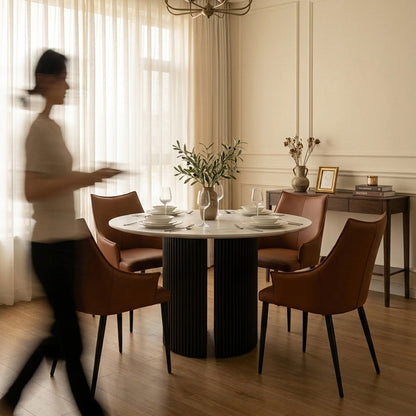 PILASTRA Modern Round or Racetrack-shaped Dining Table with Fluted Oak Base