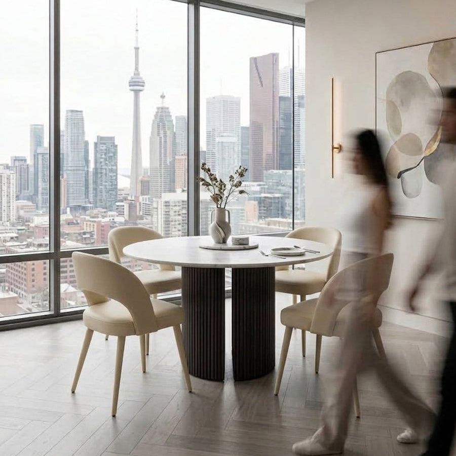 PILASTRA Modern Round or Racetrack-shaped Dining Table with Fluted Oak Base