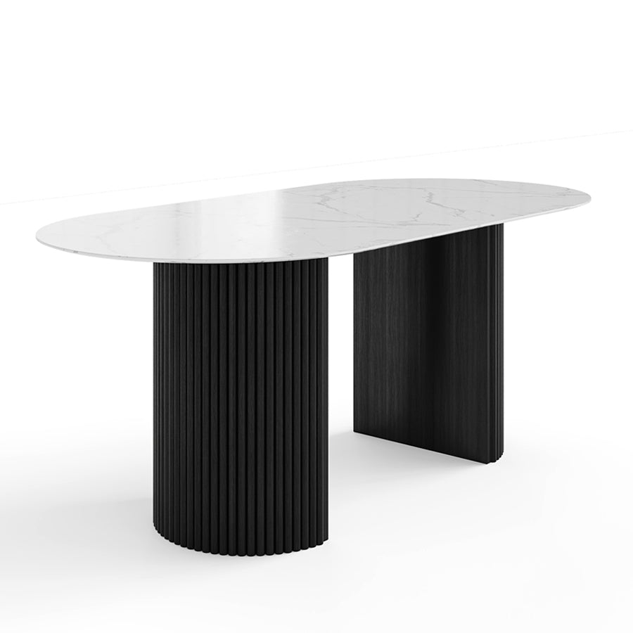 PILASTRA Modern Round or Racetrack-shaped Dining Table with Fluted Oak Base