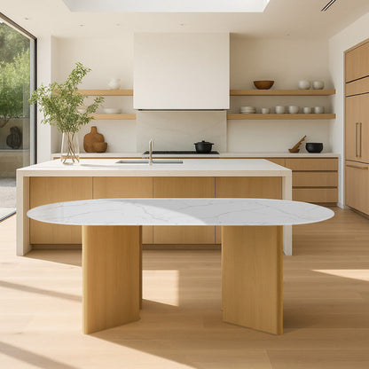 TRIVARA 1.8m Obround Sintered Stone Dining Table – Snow Mountain White & Matte Oak