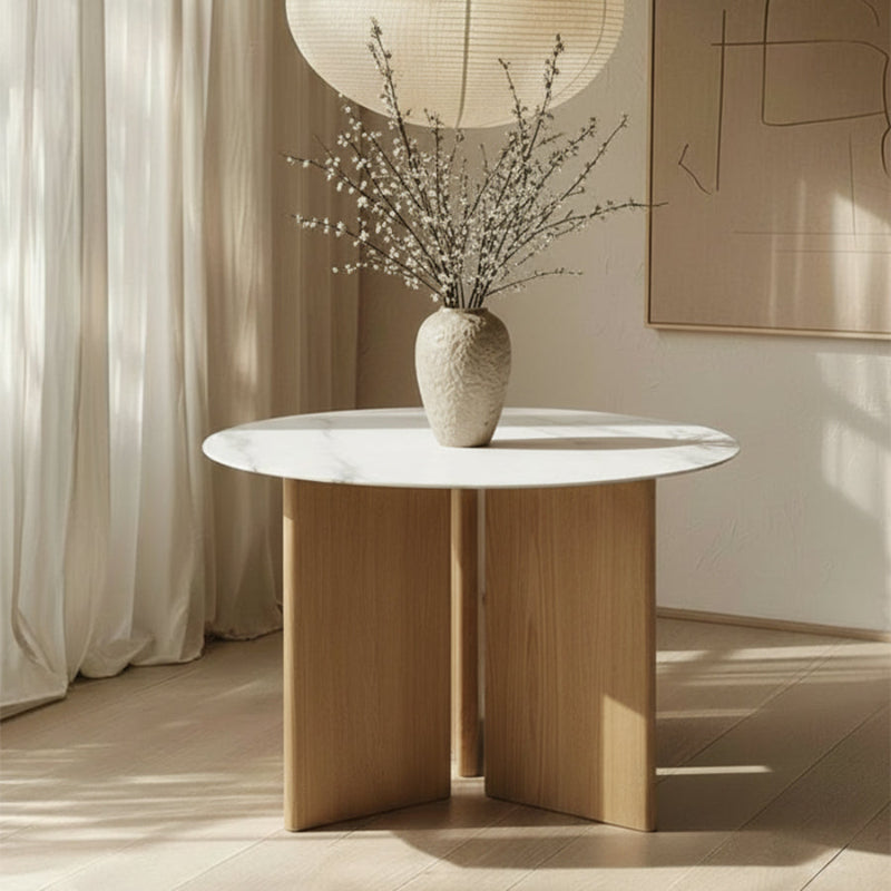 TRIVARA Round Sintered Stone Dining Table – 120cm (47") Marble & Oak Collection