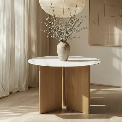 TRIVARA Round Sintered Stone Dining Table – 120cm (47") Marble & Oak Collection