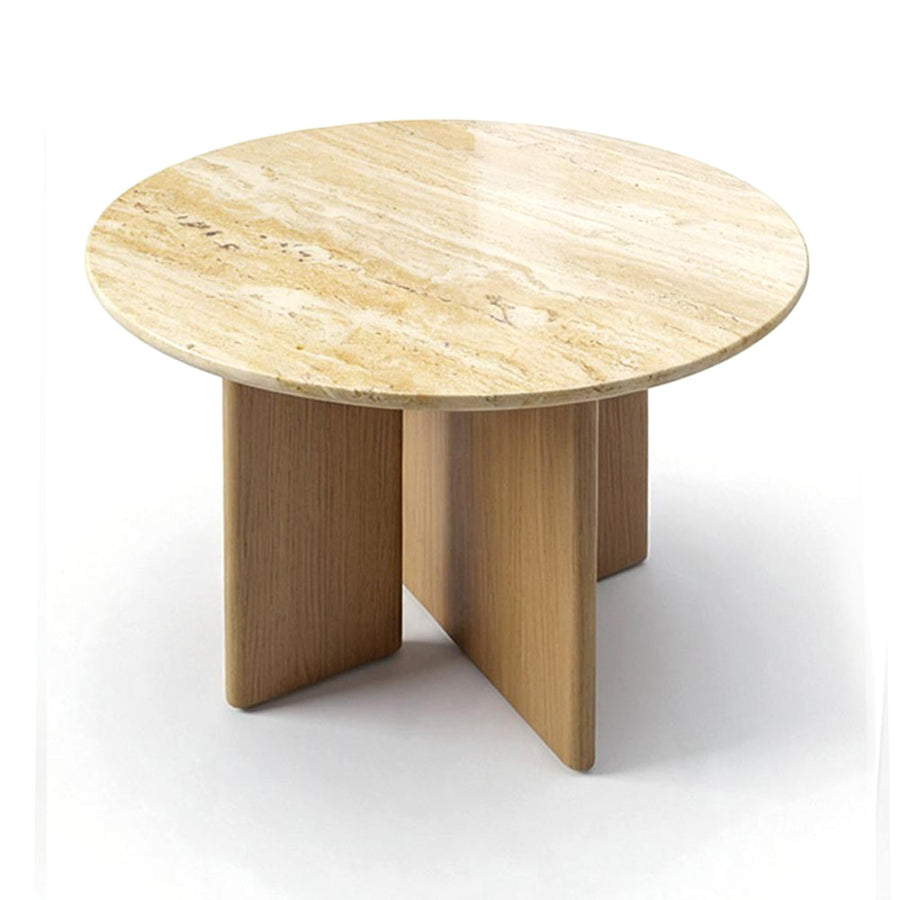 ARCADIA Natural Travertine 47-inch Round Dining Table with Glossy Finish and Natural Oak Legs