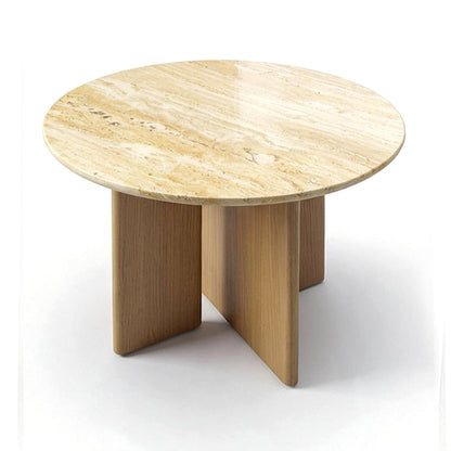 ARCADIA Natural Travertine 47-inch Round Dining Table with Glossy Finish and Natural Oak Legs