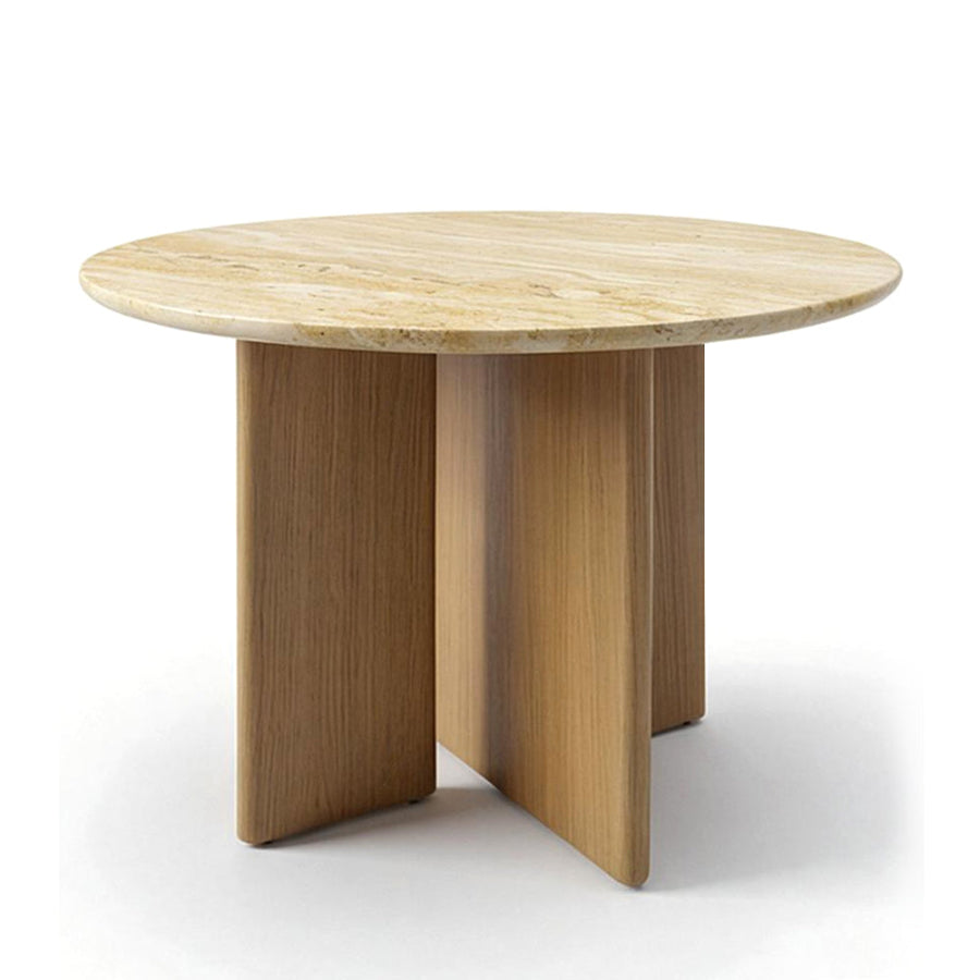 ARCADIA Natural Travertine 47-inch Round Dining Table with Glossy Finish and Natural Oak Legs